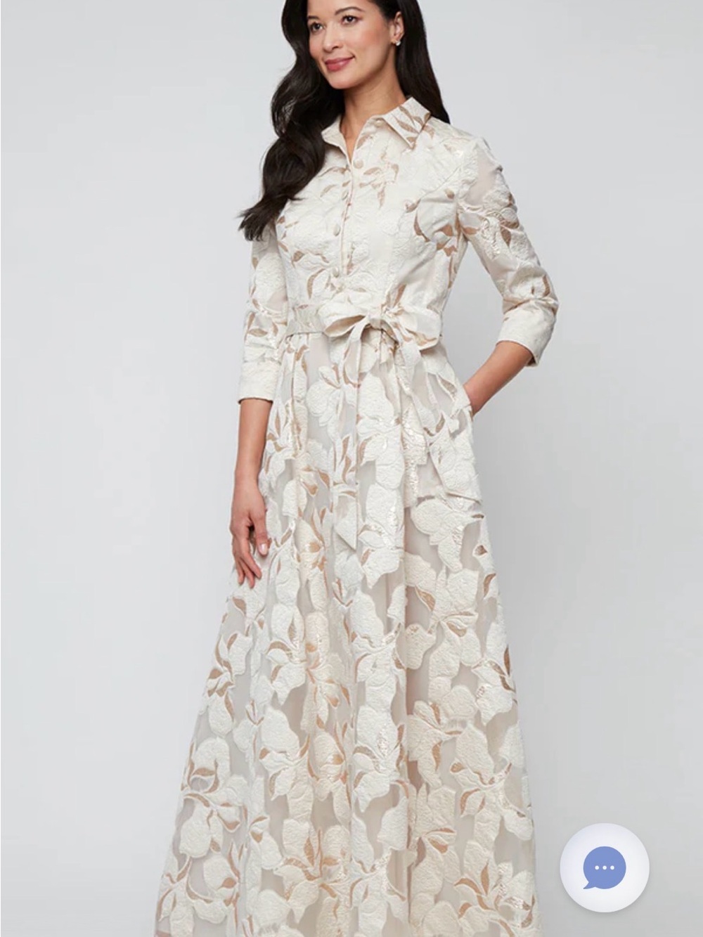 Alex Evenings Ivory and Light Tan Floral Lace Maxi Shirt Dress